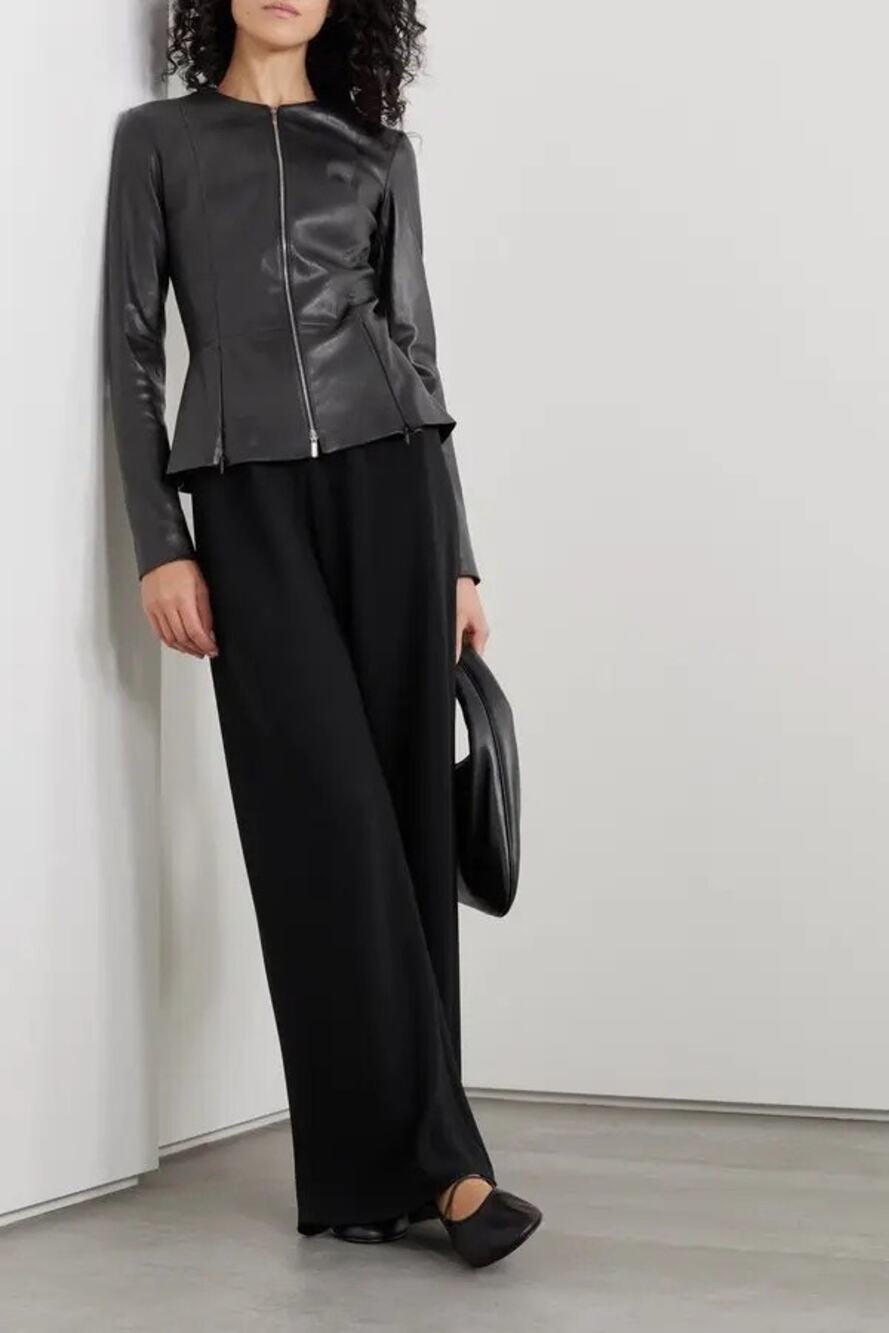 The Row Anasta Black Bonded Leather Zip Up Peplum Jacket Womens 4 Quiet Luxury